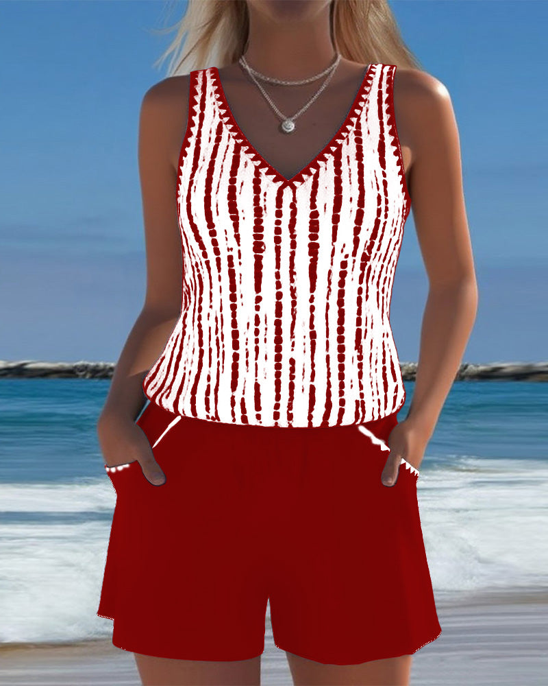 Bingxin | Casual Printed Two-Piece Swimsuit with V-Neck and Pockets