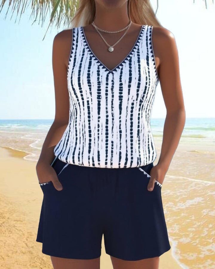 Bingxin | Casual Printed Two-Piece Swimsuit with V-Neck and Pockets