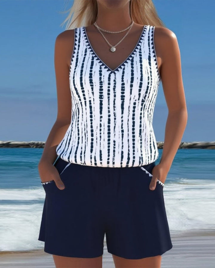 Bingxin | Casual Printed Two-Piece Swimsuit with V-Neck and Pockets
