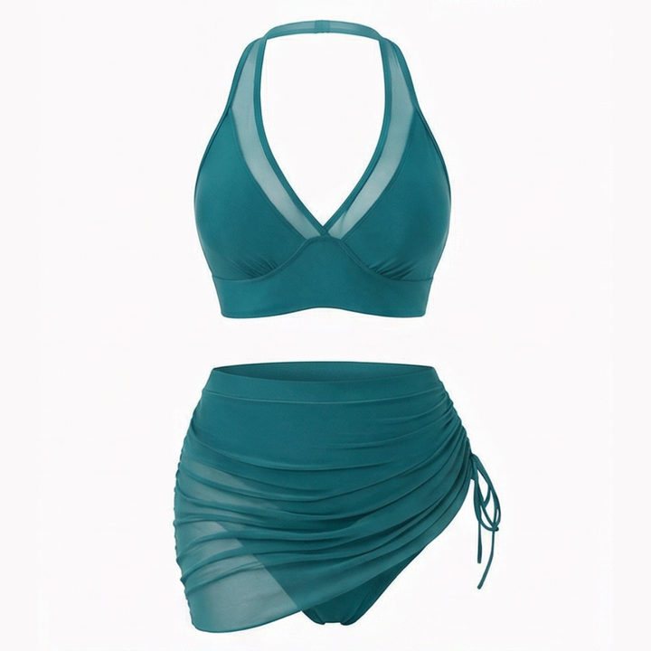 Uling | High-Waisted Mesh Bikini Set with Ruffled Skirt