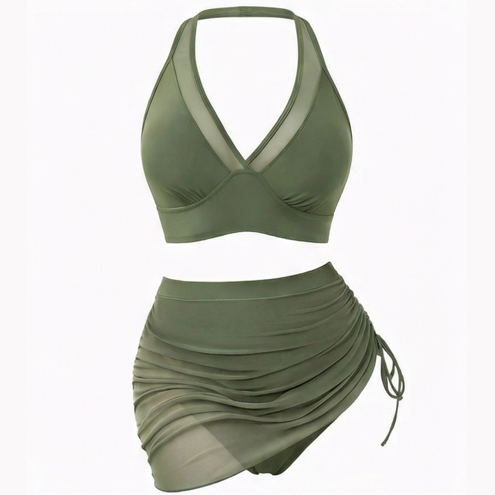 Uling | High-Waisted Mesh Bikini Set with Ruffled Skirt